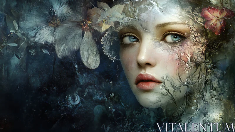 Enchanted forest muse emerges from dreamlike blossoms.