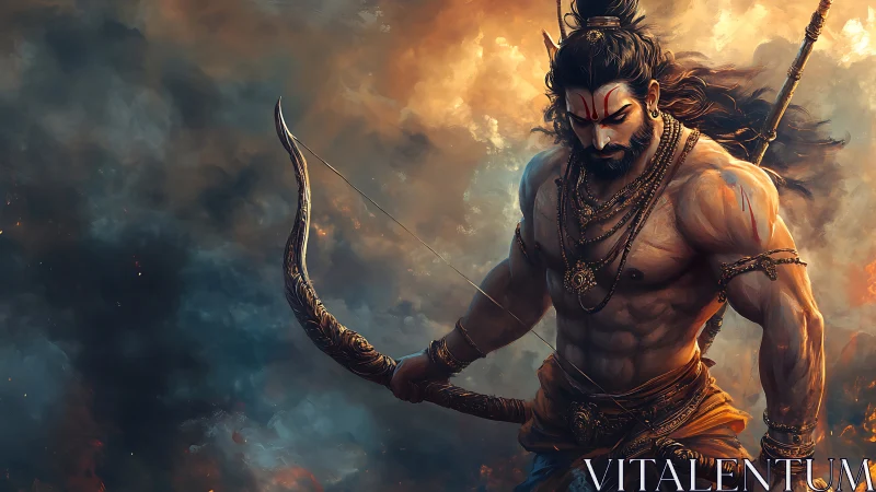 Mythic archer warrior in dynamic molten-cloud atmosphere