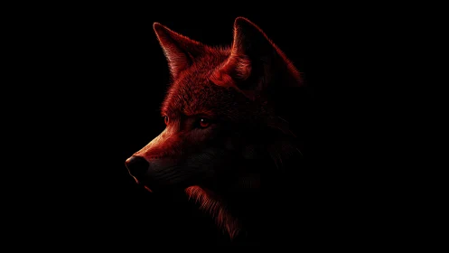 Side profile of wolf head in red rim lighting on black