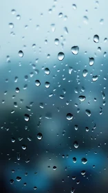 Raindrops adhere to glass surface before blurred landscape