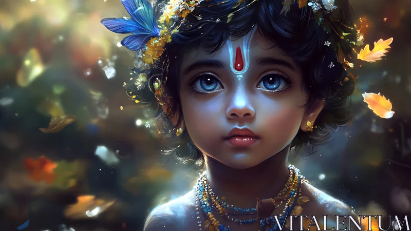 Enchanting child deity crowned with butterflies and starlight.