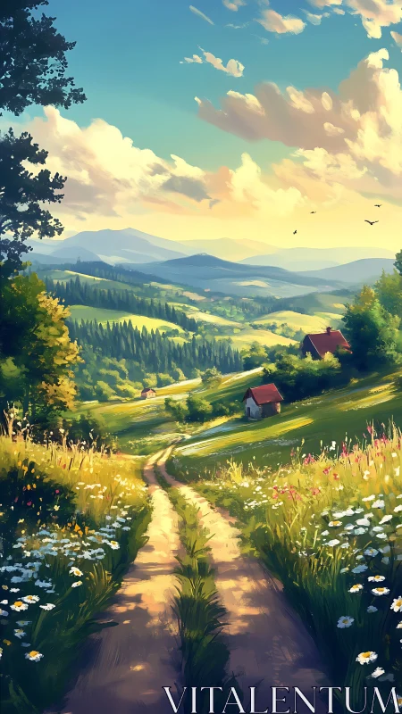 Rural dirt path through rolling fields and distant hills.