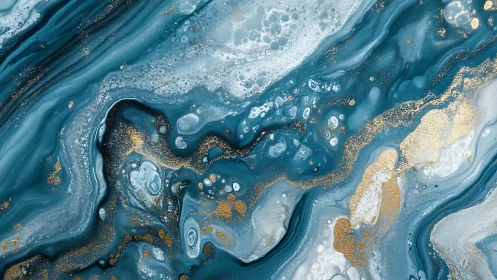 Teal and gold fluid abstract painting with marbled waves.
