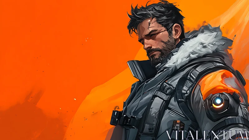 Futuristic soldier in grey tactical coat on orange field.