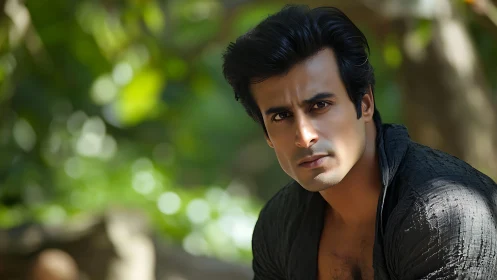 Serious man outdoors with soft green bokeh background.