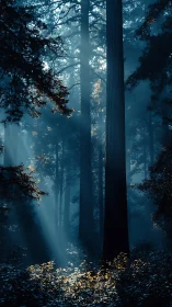 Luminescent Forest Cathedral with Towering Redwoods and Volumetric Light Rays.