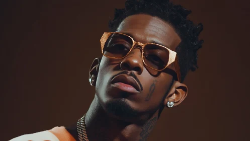Stylish man in gold sunglasses under warm studio light.