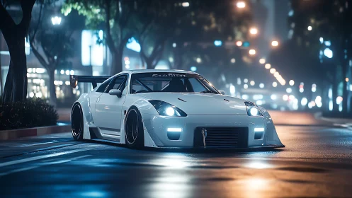 Modified white sports coupe is parked on a wet urban street