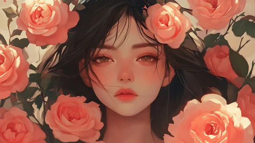 Tearful digital portrait framed by high-saturation roses.