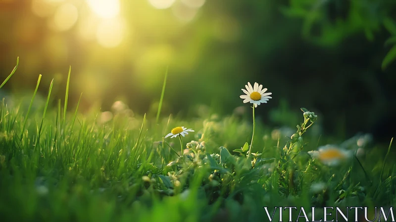 Sunlit daisies stand in shallow-focus grass at golden hour
