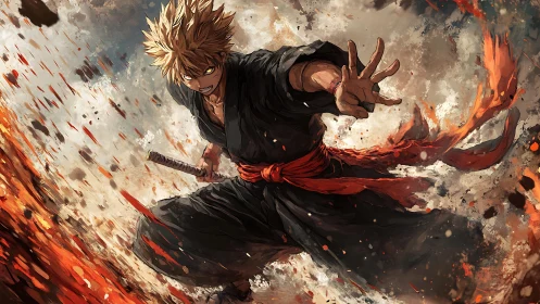 Male swordsman in black robe amid dynamic fiery debris.