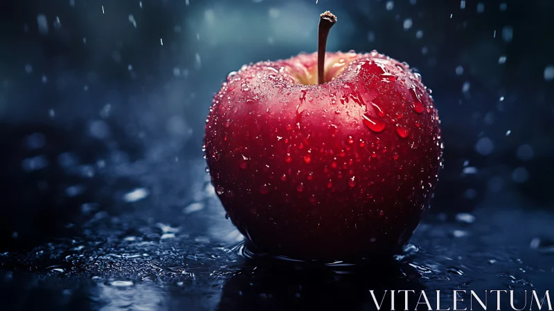 Rain-drenched crimson apple crowned in cinematic night glow.