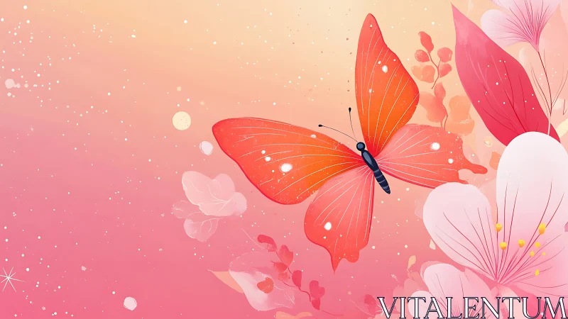 Gradient sky butterfly glides above stylized pink blossoms