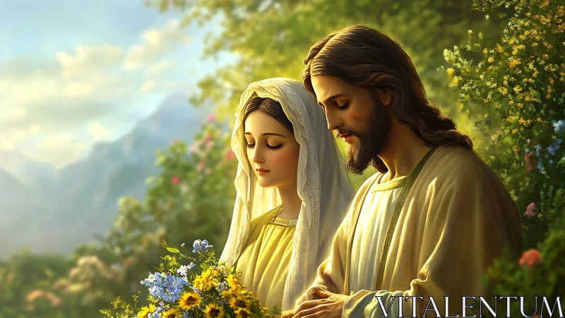 Two robed figures stand in a sunlit garden landscape