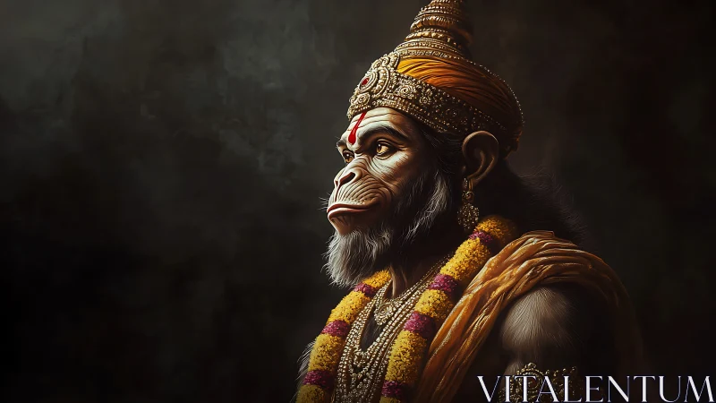 Digital painting profile of regal monkey deity portraiture.
