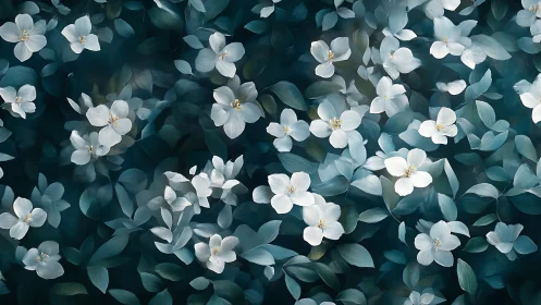Gentle white blossoms drifting across deep teal leaves.