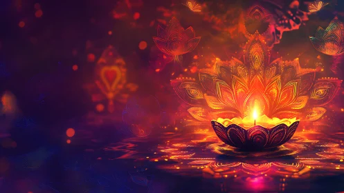 Digital painting of ornate Diwali diya with glowing mandala backdrop.