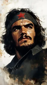 Textured digital portrait of bearded man in headband with red star