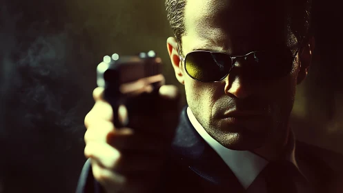 Tense suited agent framed in moody cinematic close-up.