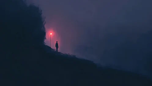 Solitary human figure stands beneath red lamppost at night