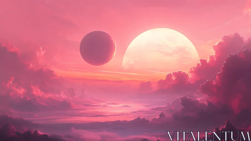 Twin moons drift above cotton-candy nebula seas at dusk.