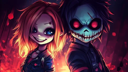Grinning nightmare duo pose amid candy-colored embers
