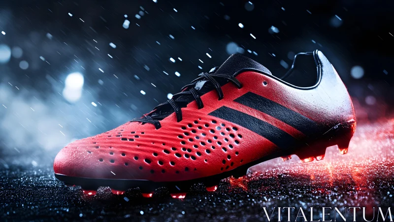 Striking red and black soccer cleat in dramatic rain-lit setting.