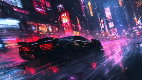 Futuristic sports car on wet neon city street at night.