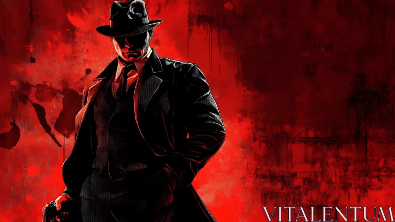 Noir trenchcoat gunslinger carving shadows in scarlet fog.