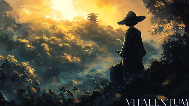 Samurai silhouette gazing toward distant sunlit pagoda.