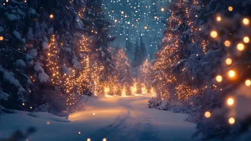 Glowing winter forest path sparkles with gentle holiday lights