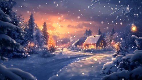 Snowlit cottage glows under dreamy winter twilight sky.