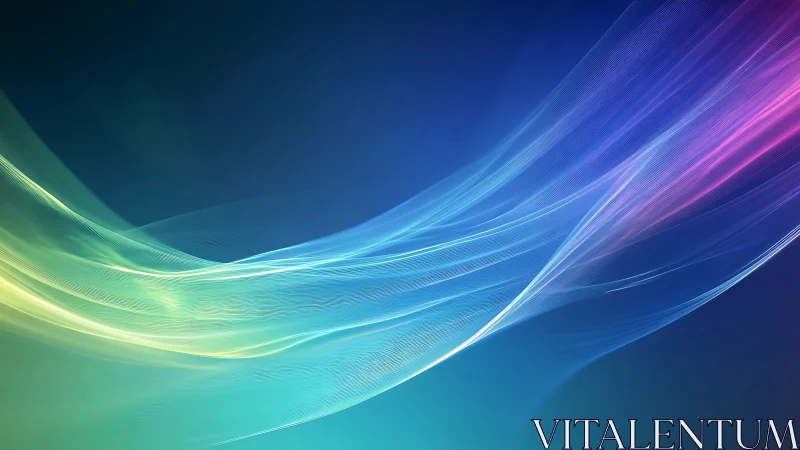 Iridescent light waves stream across deep blue gradient.