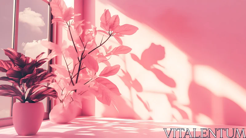 Soft pink windowsill plants with dreamy leaf shadows.