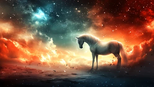 Starlit white horse amid nebular clouds and dual-tone sky