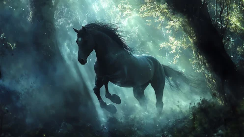 Mystic black stallion strides through luminous forest haze.