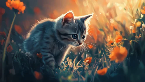 Tabby Kitten in Golden Poppy Field at Sunset Light