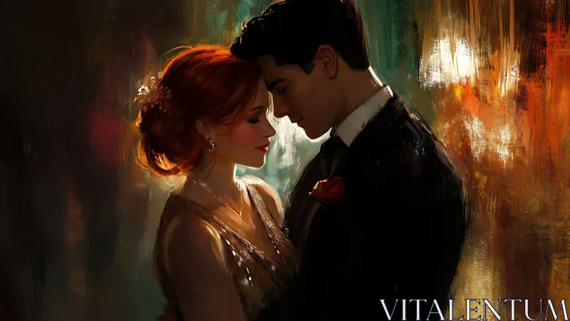 Red-Haired Woman and Dark-Suited Man in Intimate Moment.