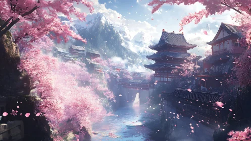 Cherry blossom valley framing traditional pagoda bridge vista