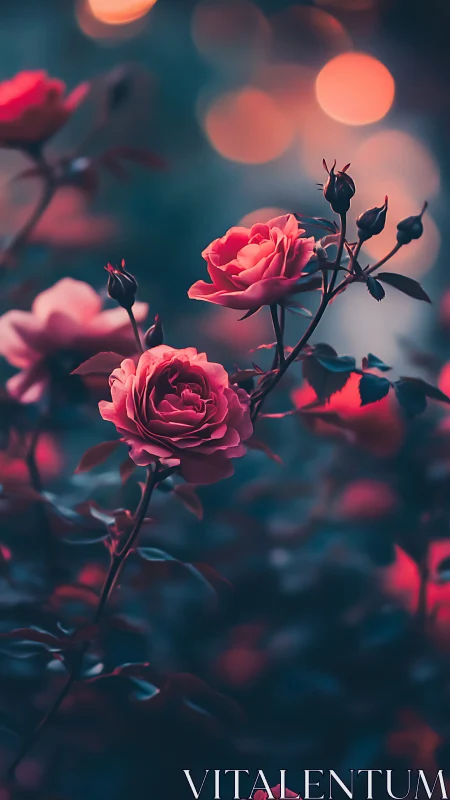 Crimson Roses with Bokeh Ambient Light and Foliage