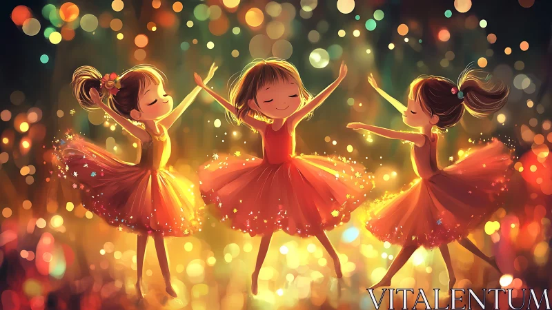 Three young dancers in red dresses amid blurred light field.
