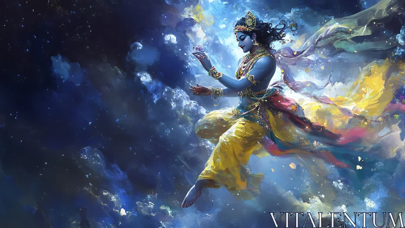 Cosmic blue deity in luminous nebular flight choreography.