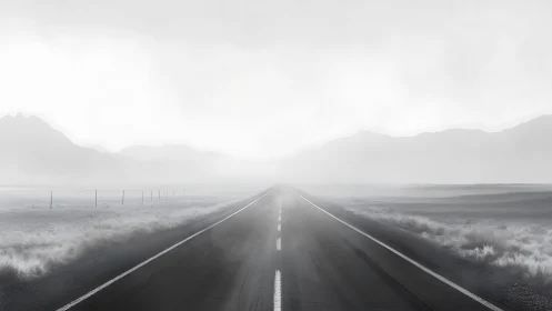 Empty desert highway vanishing into heavy morning fog.