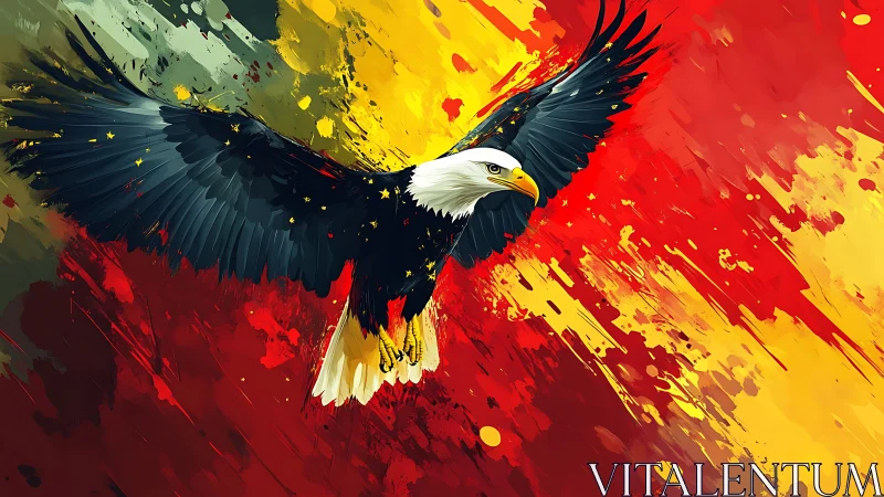 Majestic Bald Eagle in Flight on Vibrant Abstract Background.