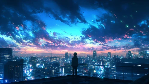 Solitary rooftop figure over neon-lit dusk metropolis skyline