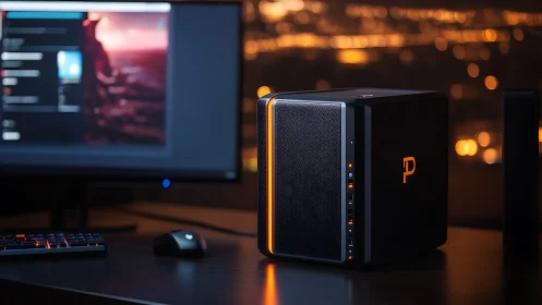 Gaming PC with Orange Accent Lighting in Studio Setup