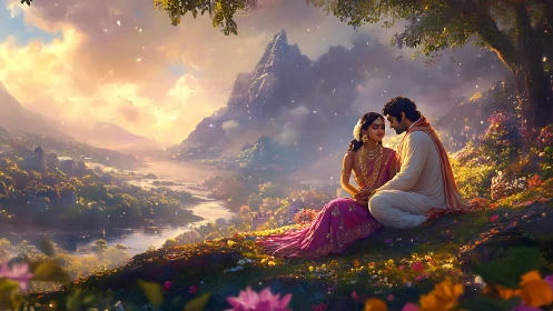 Lovers Overlooking Valley at Golden Sunset.