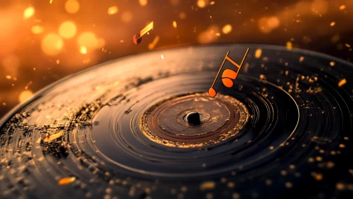 Glowing music notes rise from spinning vinyl record surface