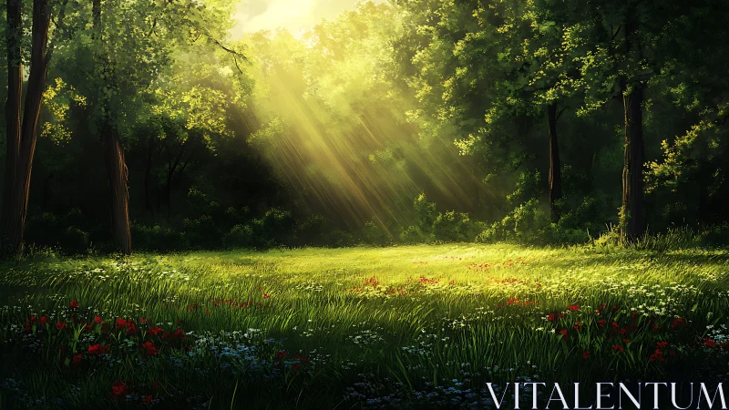 Backlit forest clearing shows volumetric rays over dense wildflowers