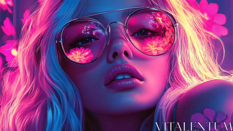 Neon lit woman in sunglasses enjoys glowing floral reflections